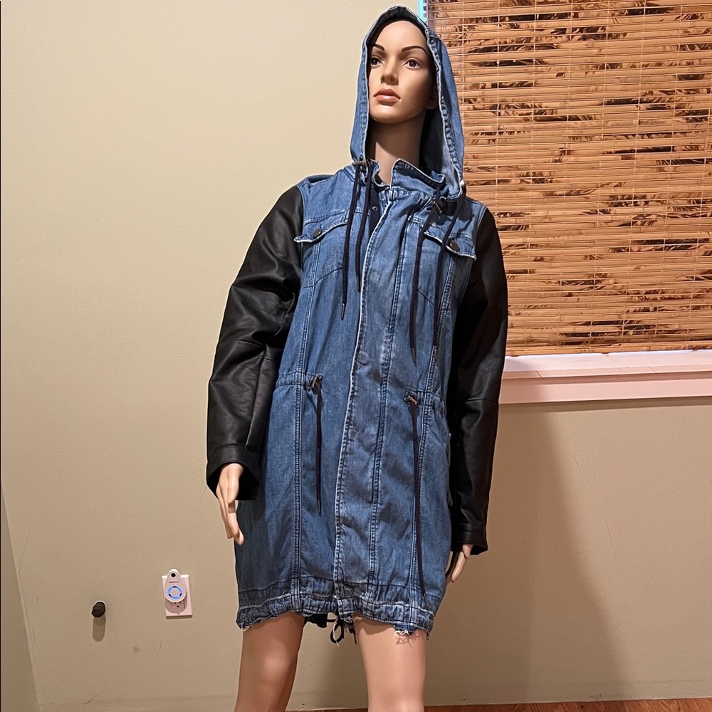 Blank NYC Denim Hooded Parka Jacket with Black Faux-Leather Sleeves M